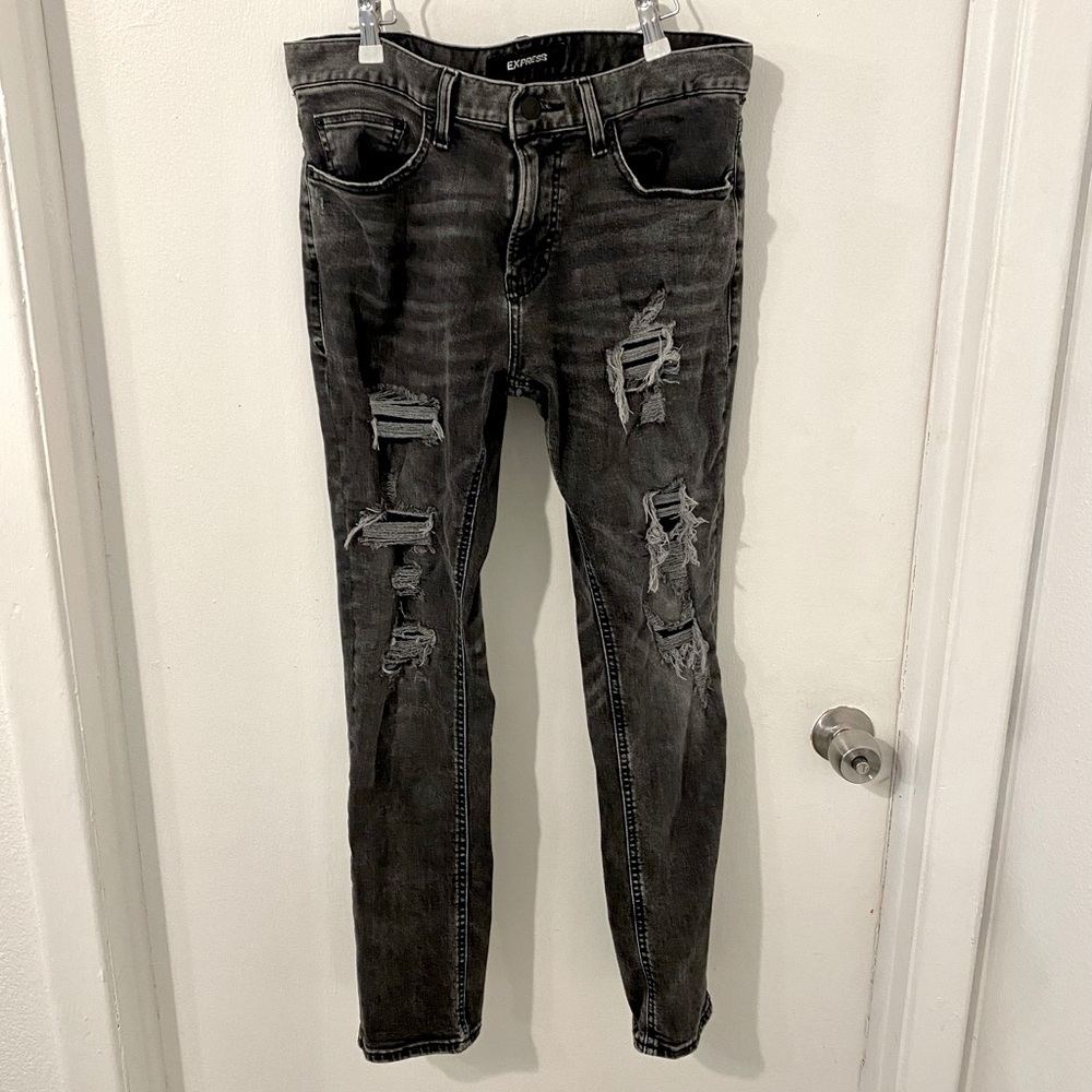Men's Express Black Distressed Slim Stretch Jeans 32 x 30